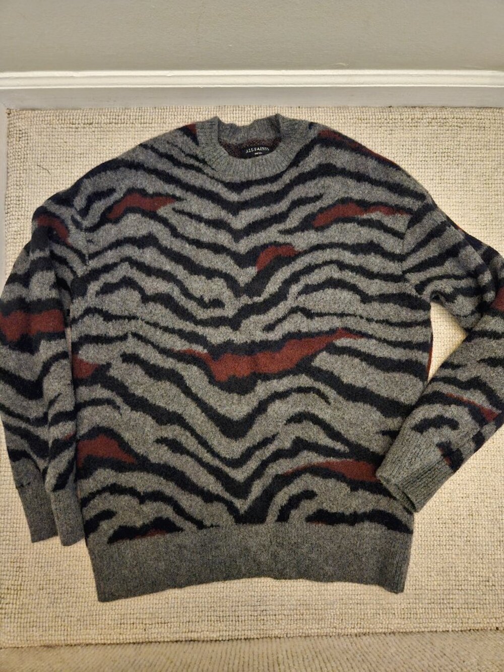 Allsaints Tora Crewneck Sweater Gray Black Tiger Animal Print Small S Oversized